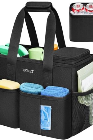Ytonet Cleaning Caddy, Water Resistant Cleaning Supplies Organizer with Handle & Foldable Divider for Cleaners, Housekeeping Tote for Kitchen & Bathroom, Car Tool Caddy Organizer Bag, Black