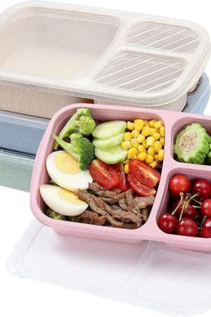 4 Pack Bento Lunch Box Set 3 Compartment Food Storage Containers Wheat Straw Meal Prep Lunch Box Plastic Food Storage Containers, Microwave and Dishwasher Safe (light colour)