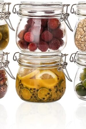 16oz - 6 Pack Round Glass Jars with Airtight Lid, Wide Mouth Mason Jars with Clamp Lids, Air Tight Glass Canisters, Food Storage Containers for Cereal, Pasta, Beans, Sugar, Coffee, Spice