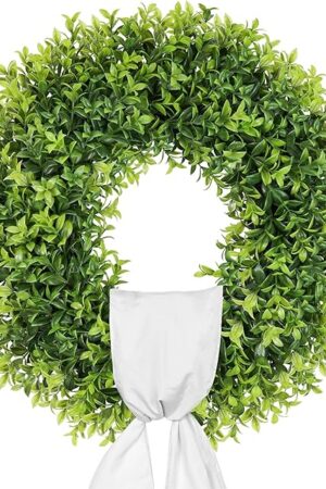 20 Inch Artificial Boxwood Wreaths for Front Door, Summer Door Wreath with Sash, Spring Green Wreath Weatherproof for Wall Window Porch Farmhouse Wedding Decor All Year Round Indoor Outdoor