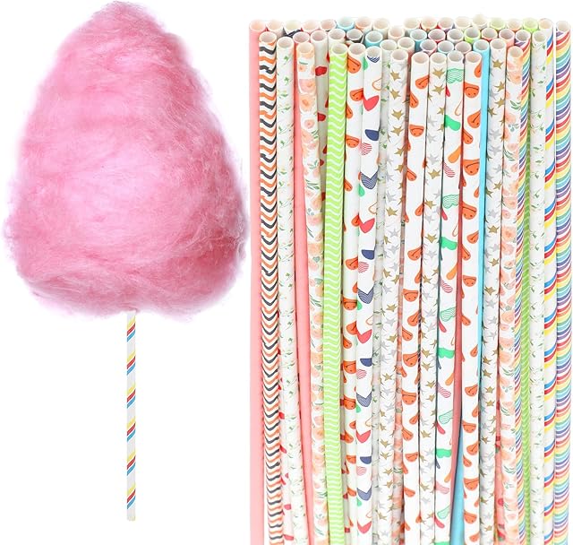 50 PCS Cotton Candy Cones 13.77 Inch Cotton Candy Sticks Random Colorful Cotton Candy Supplies Paper Straws Cones for Birthdays, Weddings, Holiday Parties, Candy Making