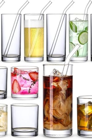 [ 12 Pack ] Glass Cups with Glass Straws, 12oz Highball & Rock Drinking Glasses, Everyday Drinkware Glasses Set, Cute Tumbler Cup, Kitchen Glasses for Iced Coffee, Water, Beer, Cocktail, Whiskey Gift.