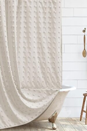 Boho Farmhouse Beige Shower Curtain, 72 x 72 Tufted Pleat Floral Puffs Textured Modern Farmhouse Minimalist Shower Curtain Set with Hooks for Bathroom