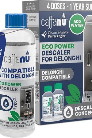 Delonghi Compatible Descaling Solution. 2 Bottles of Descaler Solution. Descaling Kit Removes Limescale For Hotter Coffee. 4 Uses Descaler For Delonghi Coffee Machines.