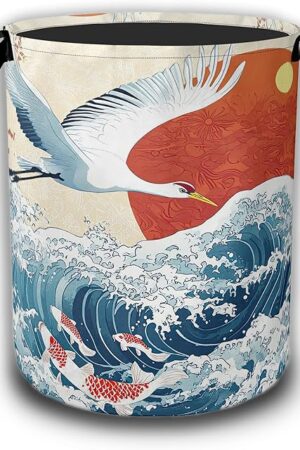 White Crane Laundry Baskets,Red Sun Japanese Wave Laundry Hamper,Storage Basket with Handles for Bathroom Bedroom College Dormitory Living Room Nursery Organizer 16"x20.8"