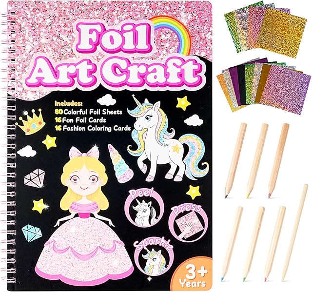 The BOBOFISH Art Craft Activity for Kids: Fun Foil Princess & Unicorn DIY Toy Kit, No Mess Creative Travel Supply Set, Idea Birthday Christmas Gift for Girl Boy Children 3-9 Year Old