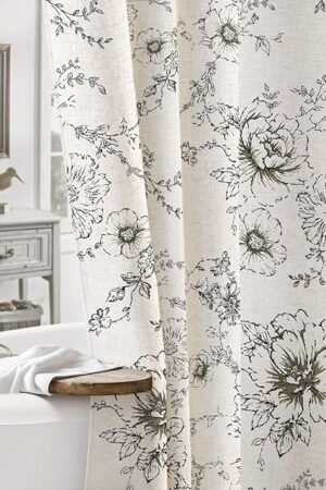 Awellife Farmhouse Vintage Shower Curtain Black Pattern Floral Linen Rustic Tattoo Shower Curtains for Bathroom, Spring Decor, 72 Wx72 L