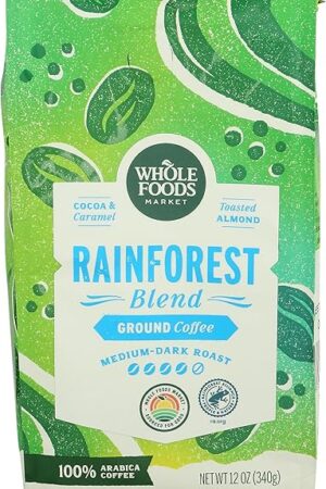 Whole Foods Market, Rainforest Blend Medium-Dark Roast Ground Coffee, Cocoa, Caramel & Toasted Almond, 12 Ounce