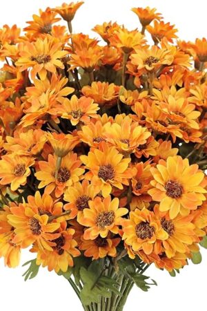7 Bundles Fake Mums Artificial Fall Flowers for Outdoors Silk Daisy Floral Faux Mum Plants for Home Decor Indoor Outside Porch Pots Planters Potted Decorations (Orange)