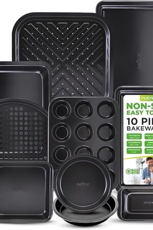 10-Piece Kitchen Oven Baking Pans - Deluxe Carbon Steel Bakeware Set with Stylish Non-stick Gray Coating Inside and Out, Dishwasher Safe & PFOA, PFOS, PTFE Free - NutriChef