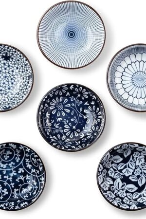 Dipping Bowls, Soy Sauce Dish Ceramic, 3 OZ Small Serving Bowls for Side Dishes Vintage Blue Stylish Design, Set of 6 Mini Appetizer Plates for Condiment Sushi Ketchup BBQ Party, 4 Inch