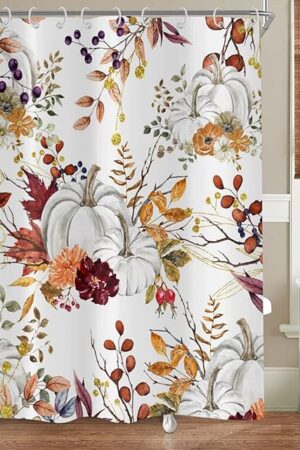 Autumn Pumpkin Shower Curtain, Fall Thanksgiving Harvest Watercolor Floral Pumpkin Boho Bathroom Curtain Home Bathtub Decor Waterproof Fabric Machine Washable with 12 Hooks,72"X72"
