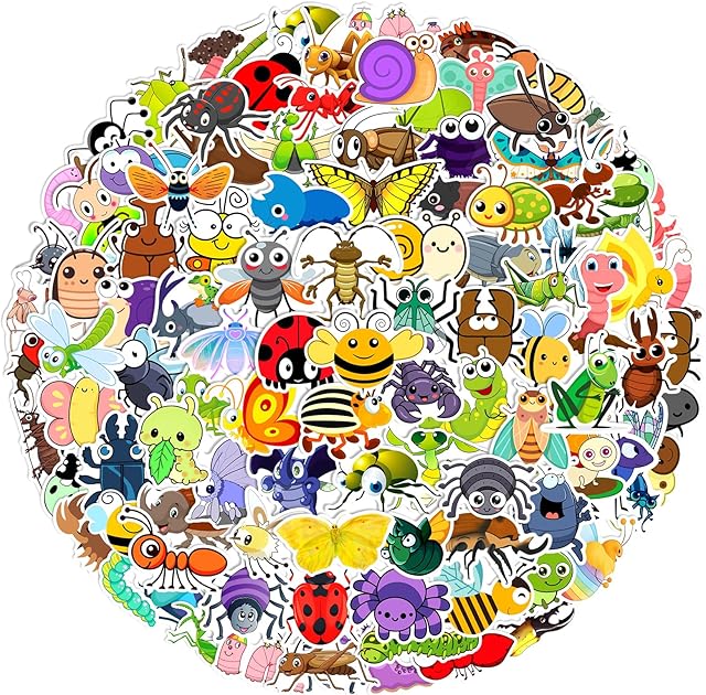The XZENTIRA 102 Multicolor Cartoon Insect Stickers, Vinyl, Round, Outdoor, Perfect for Water Bottles, Notebooks, Laptops, Scrapbooking, Decorating Various Surfaces
