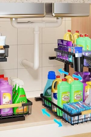 2-Tier Under Sink Organizers Cabinet Storage Shelf Metal Drawer Black for Kitchen Bathroom Pantry