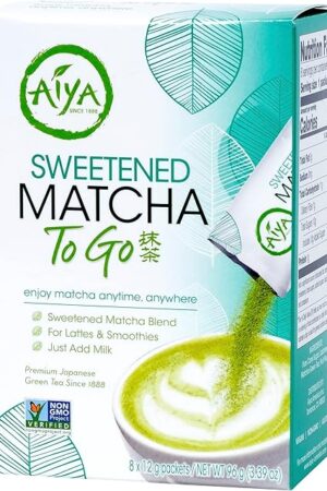 Aiya Japanese Sweetened Matcha Powder to Go Sticks - Ceremonial Grade, Vegan-Friendly, Gluten-Free - 8 Individually Packed Single-Serving Sticks for Freshness and Convenience