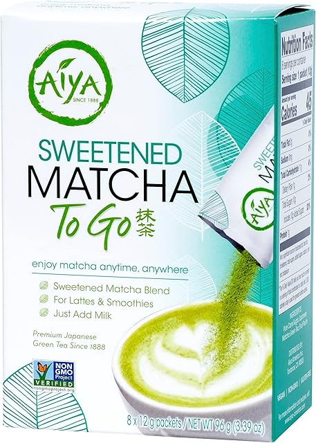Aiya Japanese Sweetened Matcha Powder to Go Sticks - Ceremonial Grade, Vegan-Friendly, Gluten-Free - 8 Individually Packed Single-Serving Sticks for Freshness and Convenience