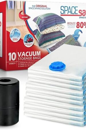 10 Pack Variety Vacuum Storage Bags for Comforters, Blankets & Clothes – Vacuum Sealed Compression Bags with Electric Pump – Space Saver Storage Bags for Bedding, Travel & Organization (4M, 3L, 3XL)