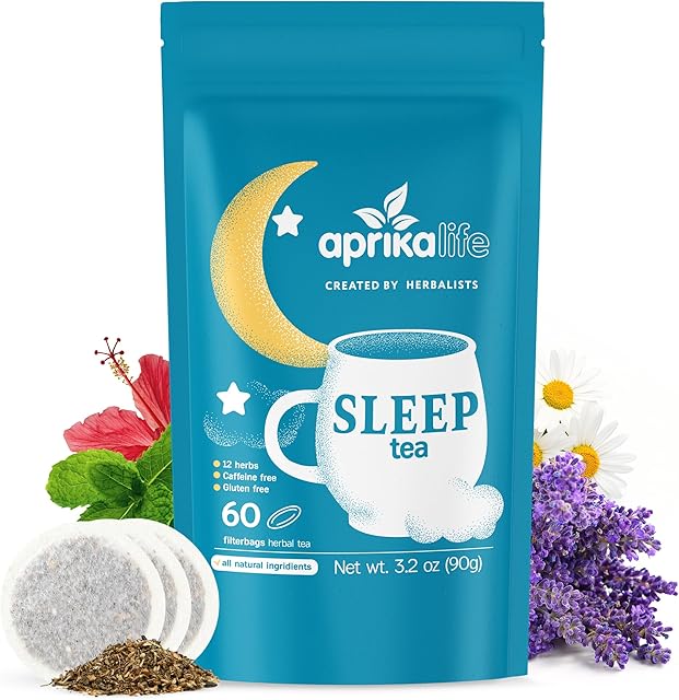 Aprika Life Sleep Tea for Bedtime Relaxation & Stress Relief – Natural Caffeine-Free Herbal Nighttime Tea with Chamomile, Lavender, Mint & Hibiscus – No Melatonin Sleep Aid – Relaxing Tea Bags 60 Pack