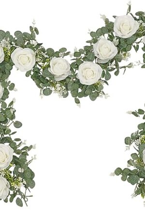 Dolicer 2Pcs 13Ft Artificial Eucalyptus Garlands with Flowers - 8 Roses, Faux Floral Greenery Garlands Fake Flowers Vines for Wedding Table Centerpieces Arch Party Ceremony Backdrop Decor (White)