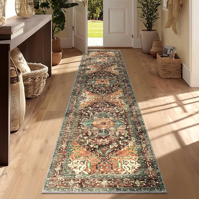 Yamaziot Washable Runner Rug, 2x8 Non-Slip Boho Vintage Hallway Rug Runner with Rubber Backing, Stain Resistant & Low Pile Faux Wool Distressed Carpet Runner for Bedroom, Kitchen, Laundry, Entrance