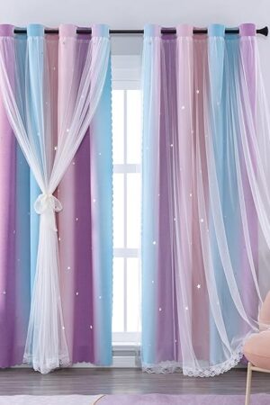 XiDi Blackout Curtains for Girls Bedroom Decor 63 inches Long Window Curtains Colorful Rainbow Design 2 Panel Sets, Kids Room Unicorn Princess Theme Home Decor Ombre Drapes Pink/Purple W34 X L63