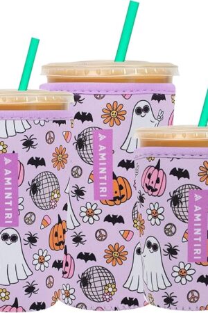3 Pack Reusable Sleeve for Iced Coffee Cup, Coffee Neoprene Sleeve for Iced&Hot Drinks, Coffee Sleeve Compatible with Starbucks, Dunkin Coffee Cup. (Halloween Boo)