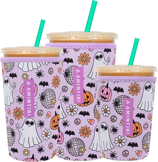 3 Pack Reusable Sleeve for Iced Coffee Cup, Coffee Neoprene Sleeve for Iced&Hot Drinks, Coffee Sleeve Compatible with Starbucks, Dunkin Coffee Cup. (Halloween Boo)