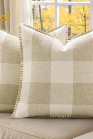 decorUhome Christmas Buffalo Plaid Check Throw Pillow Covers 18x18 Set of 2, Outdoor Linen Decorative Farmhouse Gingham Pillow Covers with Stitched Edge for Bed Couch Sofa, Cream White and Beige