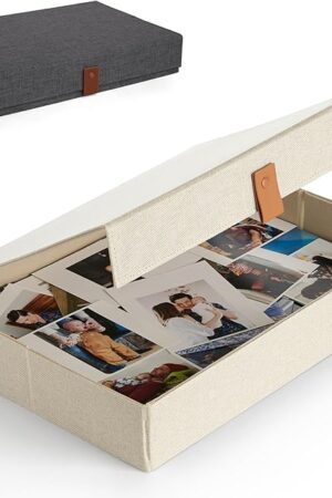ZICOTO Decorative Photo Storage Box with Lid - A Beautiful Linen Organizer Perfect to Safely Store Your Pictures, Documents, Scrapbooking Supplies, Keepsakes and Other Memories in Style
