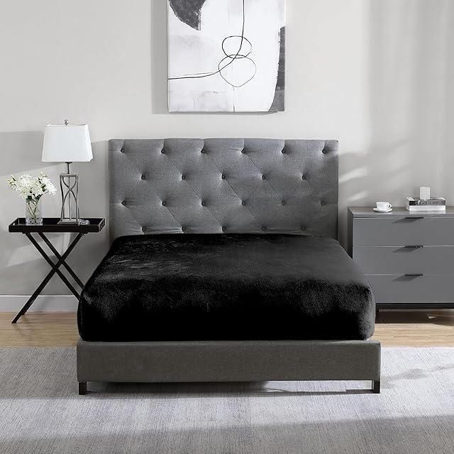 Cathay Home Twin Flannel-Plush Fur Fitted Sheet Black