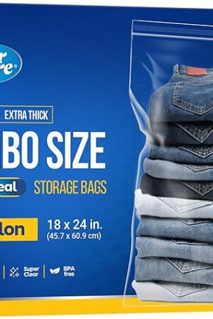 12 Large Storage Bags With Zipper Top - 5 Gallon Bags 18" x 24", Extra Large Plastic for Clothes, Travel, Moving, Large Reusable freezer bags, BPA-Free, 2-mil Thick