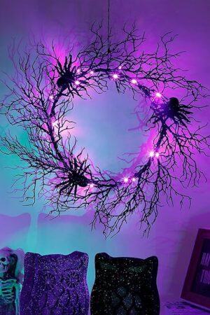 24 Inch Halloween Wreath for Front Door - Lighted Black Spider Wreath with Purple LED Lights, Outdoor/Indoor Spooky Decorations for Halloween Party, Porch, Holiday Home Decor