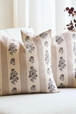 Amor Virisso Floral Throw Pillow Covers 18x18 Set of 2 Block Print Pillow Covers Neutral Floral Striped Farmhouse Decorative Pillow Covers for Sofa Couch Bed, Brown
