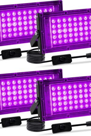 4 Pack 50W Black Light, LED Blacklight Flood Light with US Plug and Switch, Black Lights for Glow Party,Halloween,Body Painting,Birthday Party,Fluorescent Painting and Fluorescent Tapestry