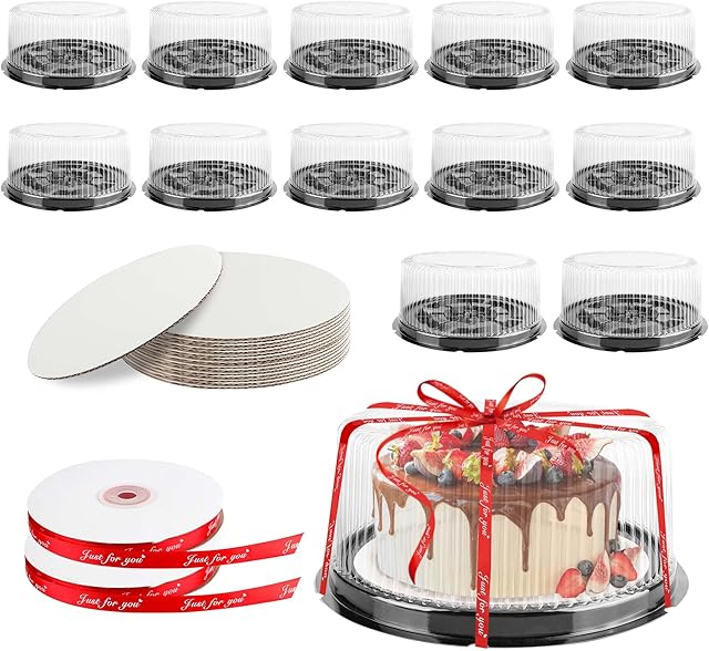 12Pcs 10 Inch Plastic Disposable Cake Containers with Lids and Cake Boards,Ribbon | Round Cake Container Carriers Clear Cake Box for Transport, Storing, Display Cakes