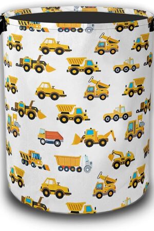 Construction Machines Laundry Hamper,Tractor Laundry Baskets,Waterproof Oxford Cloth Toy Storage for Bedroom,Bathroom,Nursery,16x20.8 Inch