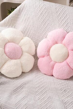 2 Pcs Flower Pillow Cute Pink Throw Pillows Daisy Flower Shaped Floor Cushions Set, Preppy Decorative Throw Pillows for Girls Bed Bedroom Couch Decor (White & Pink, 15 INCH)