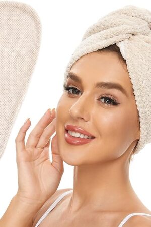 2 Pack Microfiber Hair Towel Wrap for Women, Anti Frizz Quick Drying Hair Turban for All Hair Style, Absorbent and Lightweight (Beige)