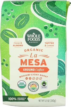 Whole Foods Market, Organic La Mesa Medium-Light Roast Ground Coffee, Cocoa, Almond, Toffee & Lemon, 12 Ounce