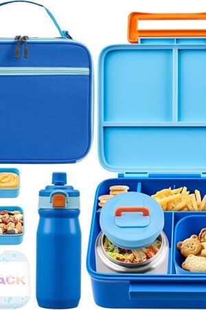 Bento Lunch Box for Kids with Thermos, Leakproof Bento Box with 8oz Insulated Food Jar, Insulated Bottle, Lunch Bag, BPA Free Dishwasher Safe 4 Compartment Container for School Girls Boys (Blue)