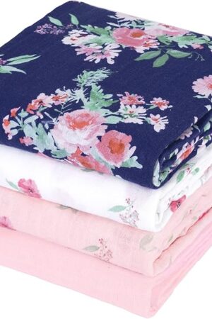 david's kids 4 Pack Baby Muslin Swaddle Blankets 100% Cotton 47 x 47 inches Floral Flowers Pink
