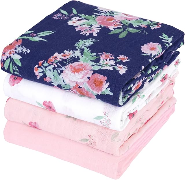 david's kids 4 Pack Baby Muslin Swaddle Blankets 100% Cotton 47 x 47 inches Floral Flowers Pink