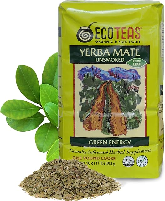 ECOTEAS Organic Yerba Mate Loose Leaf Tea, 1 lb - Natural Energy | Unsmoked Pure Leaf | Coffee Alternative | Detox Herbal Tea | From Argentina | Kosher, Non-GMO, Gluten-Free