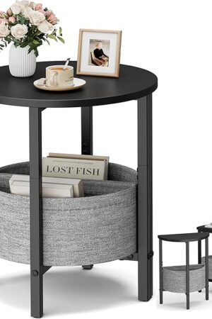 Vagusicc Small Round Side Table End Table, Tall Accent Table with Storage Basket, Set of 2 Half Round Tables Half Moon Tables, Coffee Bedside Tables, Modern Nightstand for Living Room Bedroom, Black