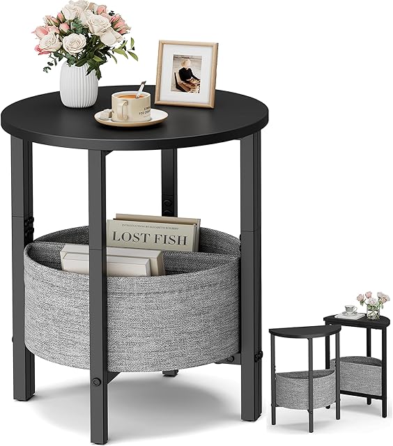 Vagusicc Small Round Side Table End Table, Tall Accent Table with Storage Basket, Set of 2 Half Round Tables Half Moon Tables, Coffee Bedside Tables, Modern Nightstand for Living Room Bedroom, Black