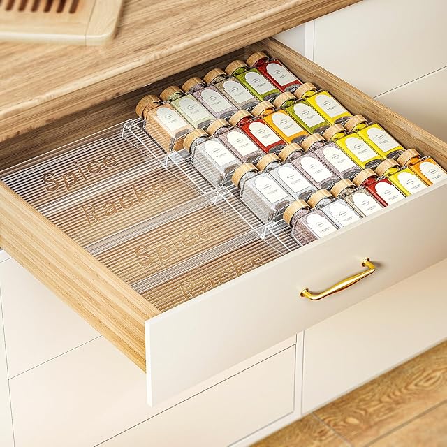 2-Tier Spice Drawer Organizer 4 Pack, Expandable from 11" to 22" Clear Acrylic Spice Rack for Drawer, Kitchen Spice Organization, Seasoning Organizer Holds Up to 48 Jars(Jars Not Included)