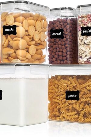 Vtopmart Airtight Food Storage Containers 6 Pieces - Plastic BPA Free Kitchen Pantry Storage Containers for Sugar,Flour and Baking Supplies - Dishwasher Safe - Include 24 Labels, Black