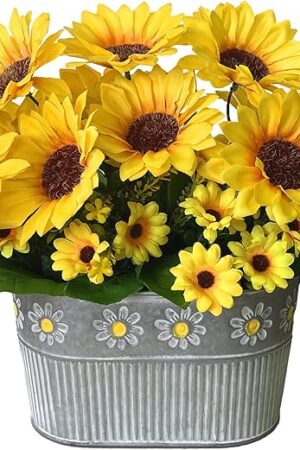 Artificial Flowers Fake Sunflowers in Pot, Faux Silk Flowers Floral Table Centerpiece Decoration, Rustic Potted Greenery for Farmhouse Home Décor