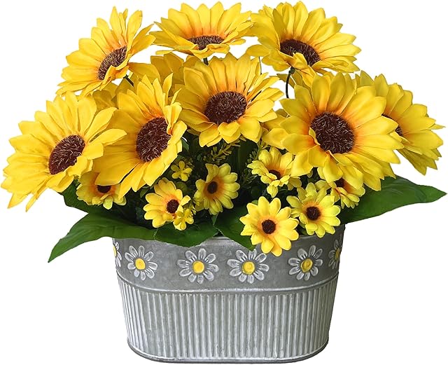 Artificial Flowers Fake Sunflowers in Pot, Faux Silk Flowers Floral Table Centerpiece Decoration, Rustic Potted Greenery for Farmhouse Home Décor
