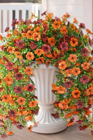 Artificial Hanging Flowers Plants for Outdoor Fall Decoration, 2PCS Faux Silk Daisy UV Resistant Look Real for Outside Home Indoor Planter Porch Garden Yard Autumn Decor(Orange Brown)